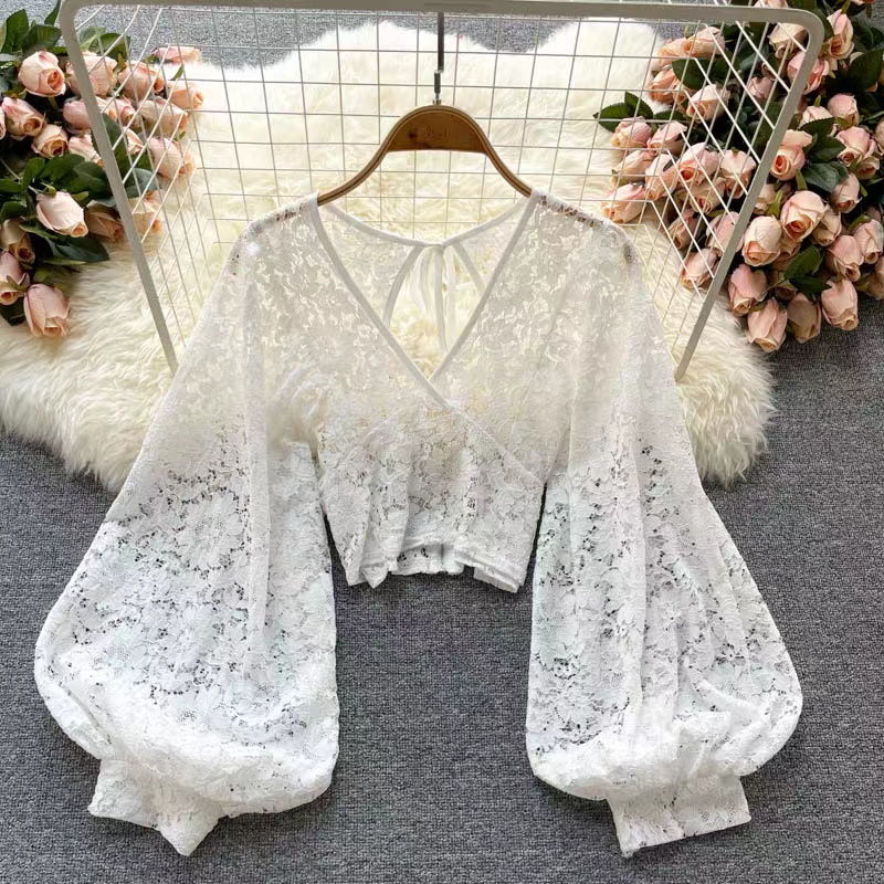 Backless, Short Style, See-through Hook Flower Lace Top, Fashionable Small Shirt Versatile Shirt