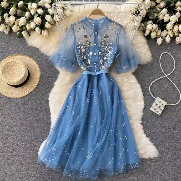 Fairy Dress, Thin Mesh, Heavy Sequins, Embroidery Slim Mid Length, Star Print Palace Dress