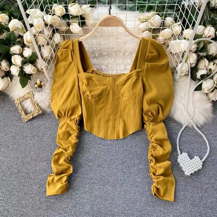 Pleated Long-sleeve Blouse, Off Shoulder Crop Top
