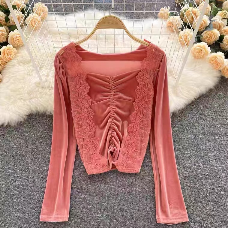 Lace stitched top, high quality velvet long sleeve T-shirt
