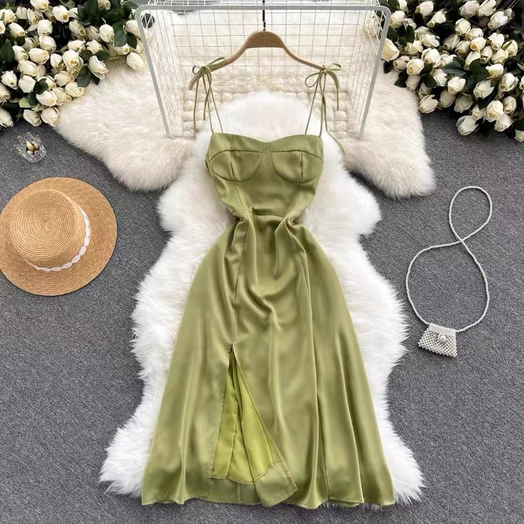Sexy Green Dress, Goddess Style, Temperament, Square Collar, Slim Long Slit Dress Halter Dress