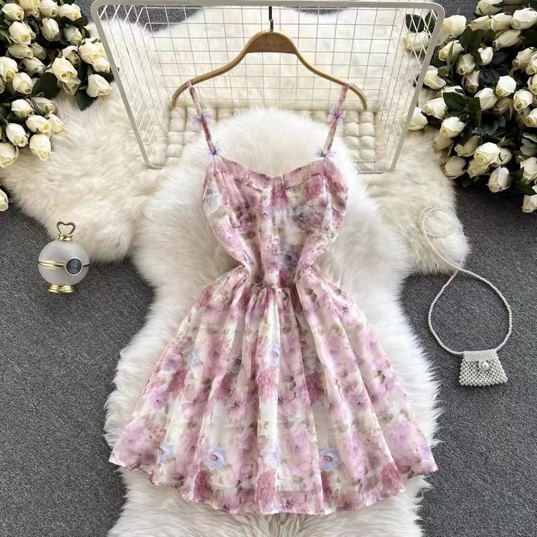 Vintage, Halter Floral Dress, Temperament Waist Fairy Spice Dress