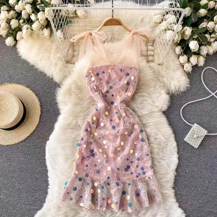 High Sense Lace Dress, Glitter, Socialite, Temperament Party Dress, Fairy Strap Fishtail Dress