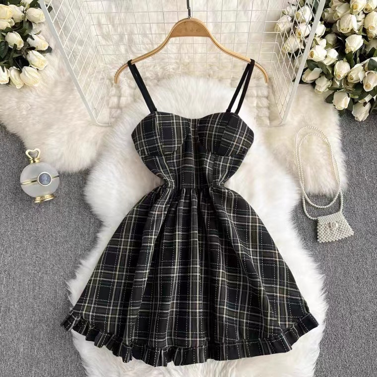 Sweet ,vintage, Sexy Halter Dress, Cute Plaid Short A-line Dress