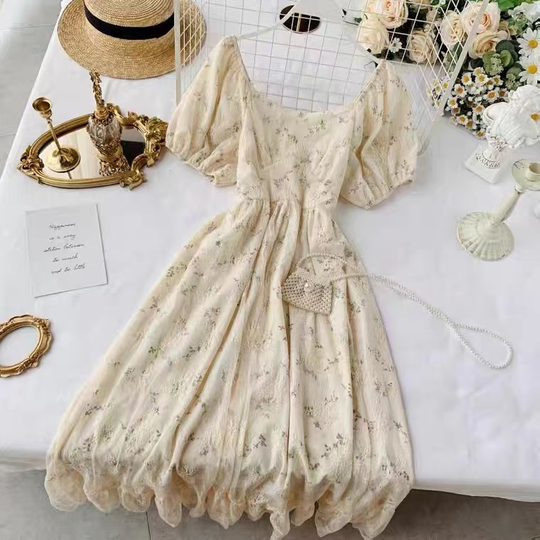 Chic Elegant Fairy Dress, Gentle, Sweet, Retro Lace Dress, High Waist Floral Dress