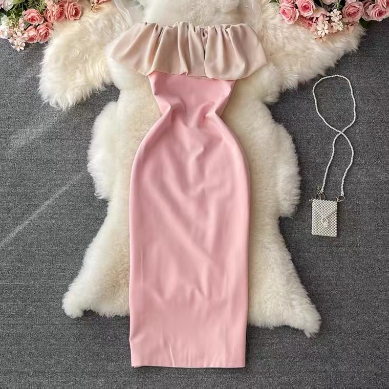 Elegant Dress , Socialite Party Dress, Temperament Pink Dress, Flounces Bodycon Dress