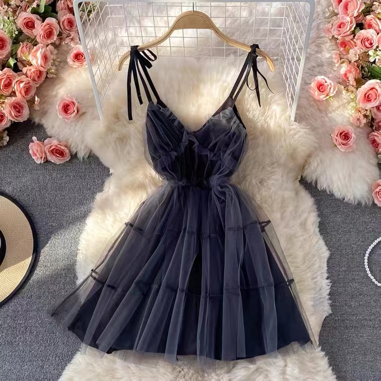 V Neck, Bowknot Strap, Waist Tulle Dress, Super Fairy Mini Dress, Temperament Halter Dress