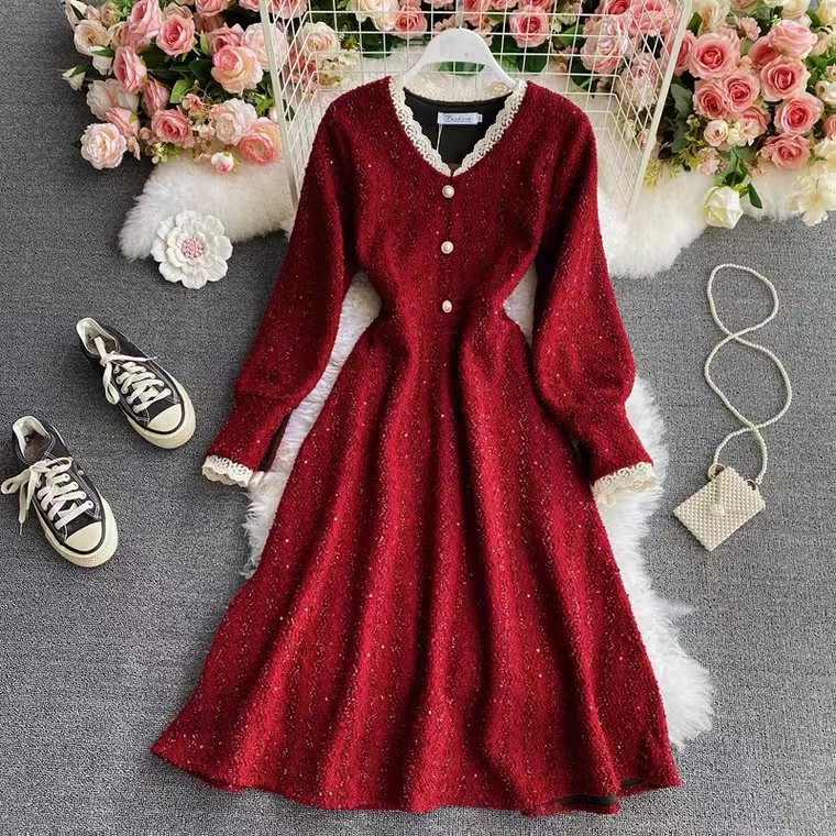Red Lace V Collar Dress, Autumn And Winter, Temperament Long Sleeves Dress
