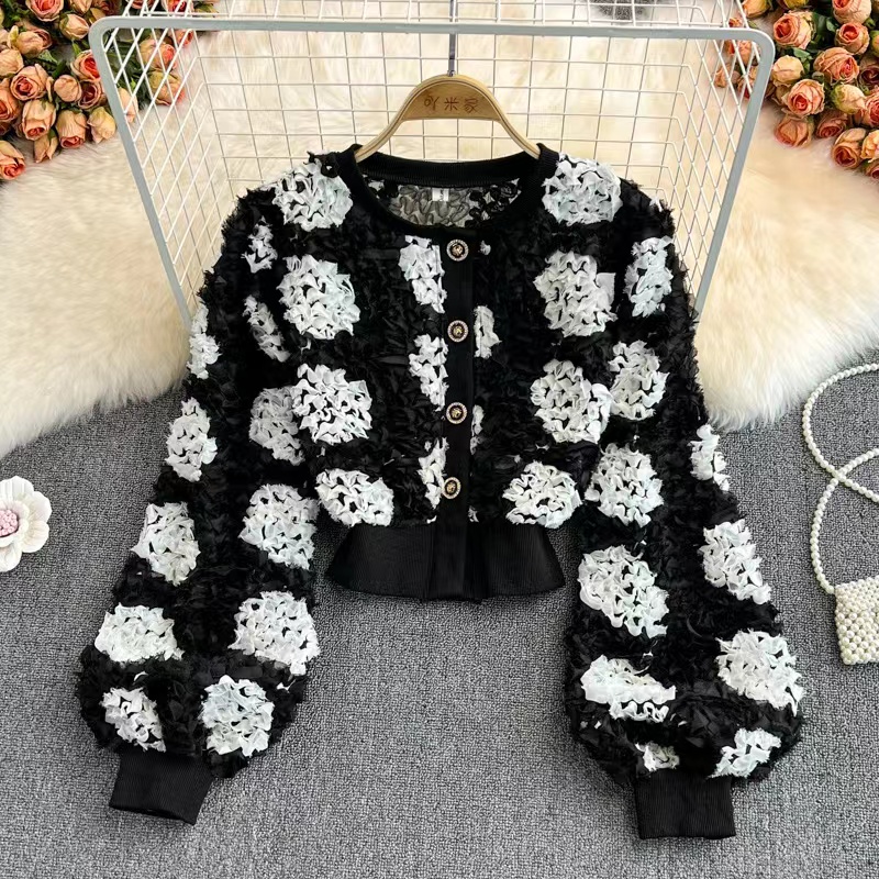 Autumn And Winter, Three-dimensional Flowers, Lace, Bubble Sleeve Coat, Chic Temperament Short Cardigan Jacket
