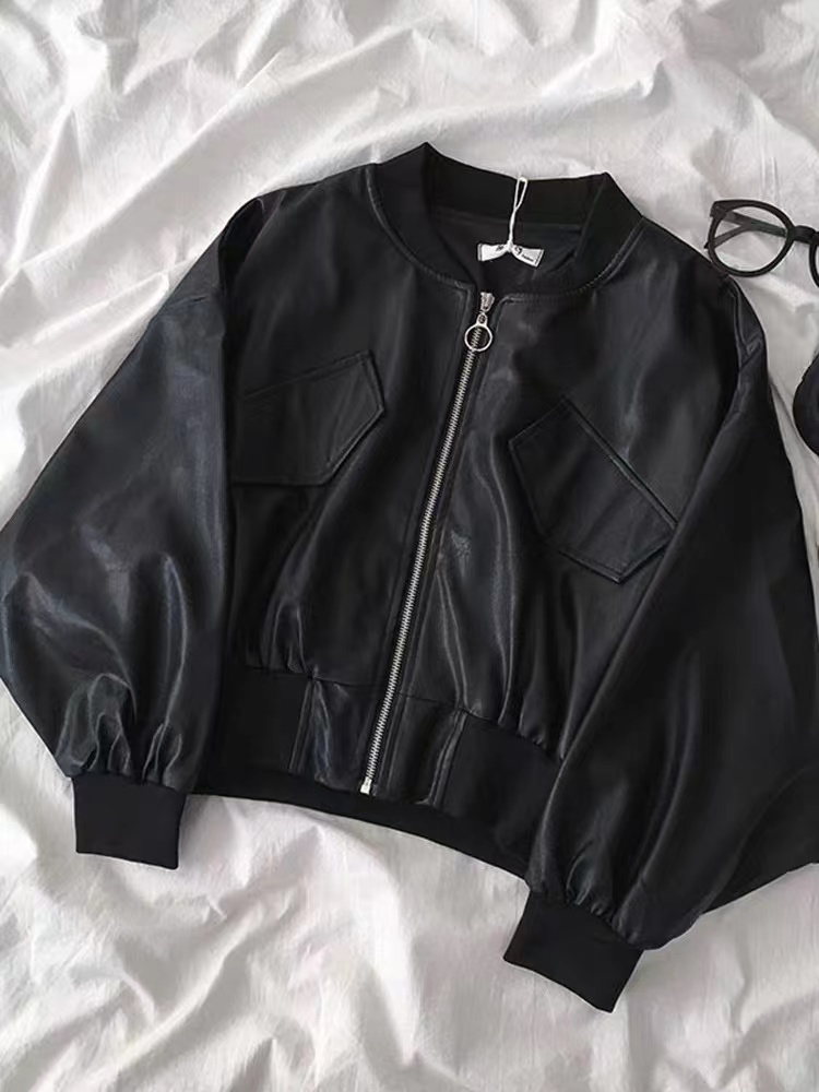Pu Leather Short Jacket, Motorcycle Suit, Loose Sleeves Top