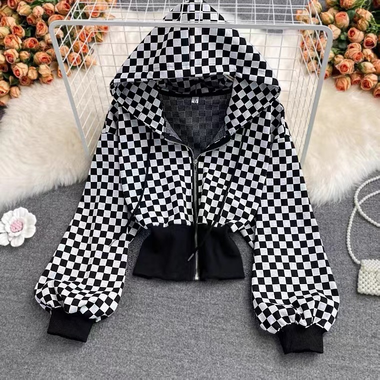 Autumn/winter, new style, fashion, black and white checkered, zipper, hooded waist short sweater