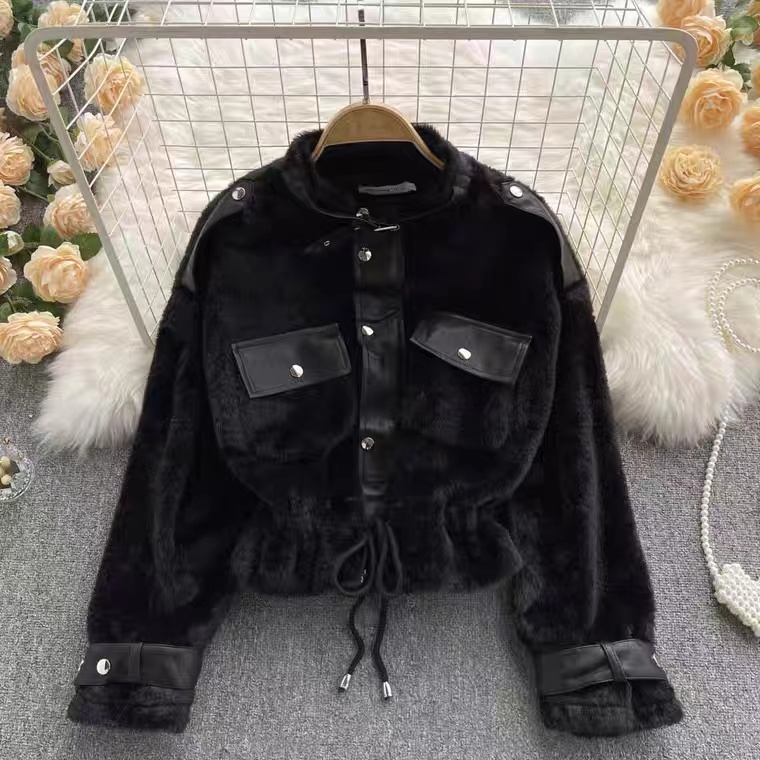 Chic, Fur Coat, Short Style, Drawstring, Waist Collar Leather Plush Jacket