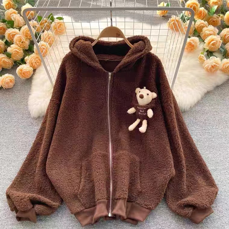 Lamb Hair Hat, Cartoon Bear Coat, Autumn And Winter, Loose And Lazy Wind Thickened Jacket