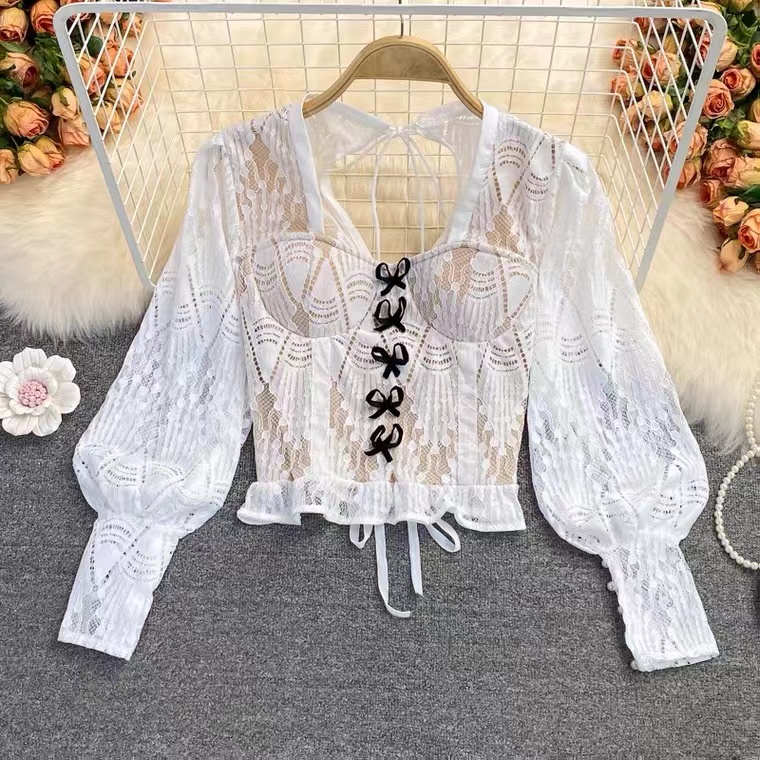 Vintage, Sexy, Bubble Sleeves, Backless Square Collar Lace Shirt, Short Crop Top