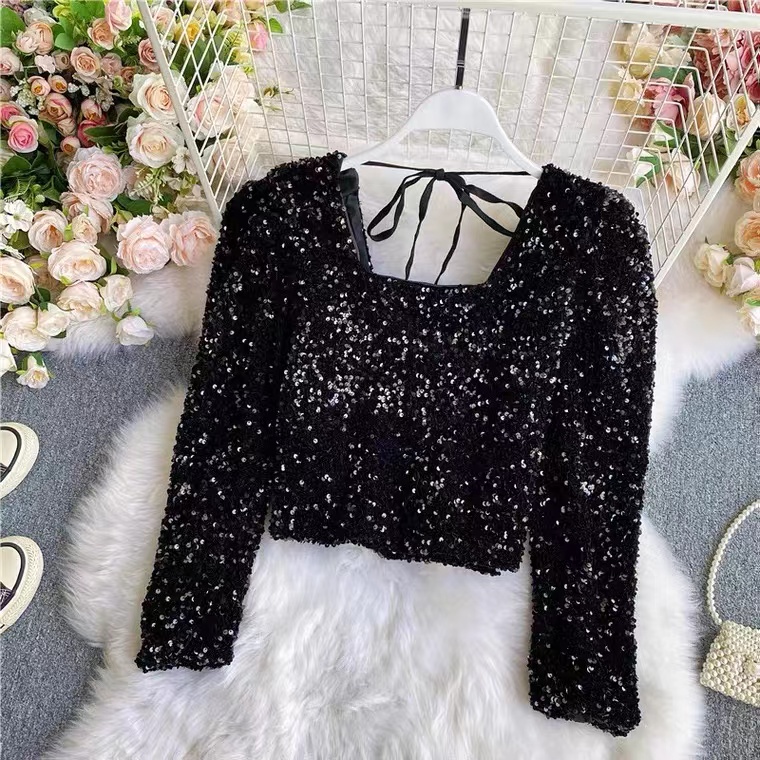 Sequined T-shirt, Long Sleeves Heavy, Sparkly, Square Collar, Loose, Short-sleeve Top
