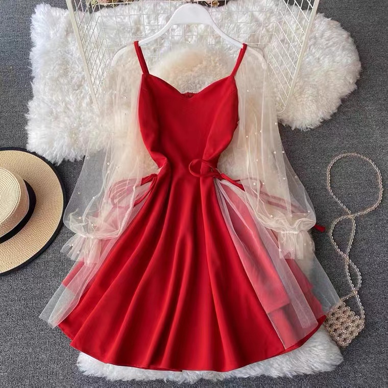 Bubble sleeve, V-neck ,stitching mesh bead A-line dress, short sleeve waist dress