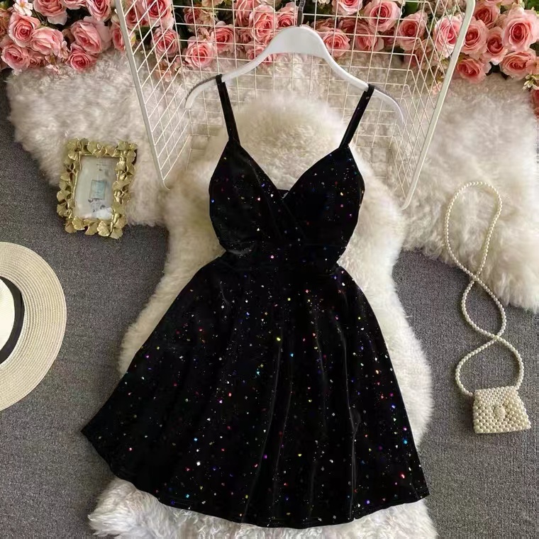 Short Mini Dress, Spaghetti Strap Party Dress, Sparkly V-neck Velvet Dress