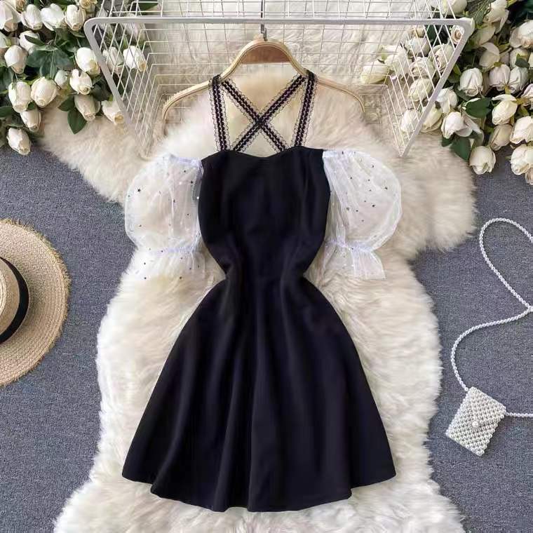 Cute Halter Dress, Off Shoulder Bubble Sleeve Dress, Collision Color Stitching Little Black Dress
