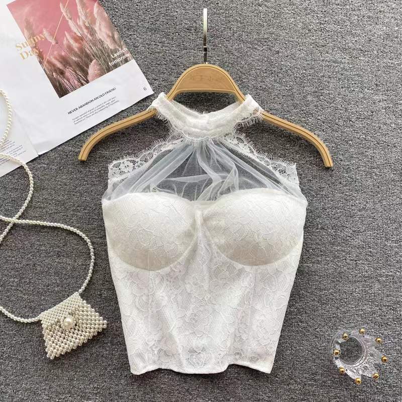 See-through Tulle Halter Neck Top, Lace Bottom Top, Halter Tank Top on ...