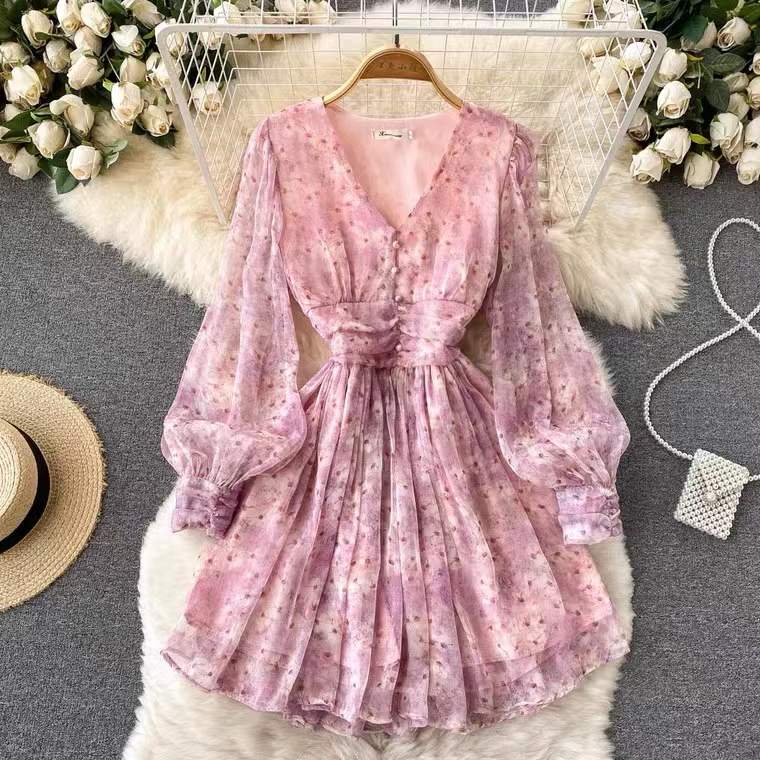 Gentle , Super Fairy Chiffon Floral Dress, Waist, Temperament, V-neck Bubble Sleeve Printed Dress