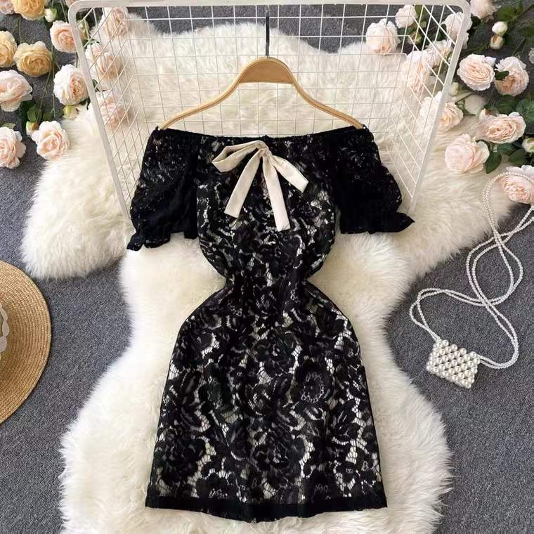 Elegant, jacquard lace dress, off shoulder bow short sleeve dress