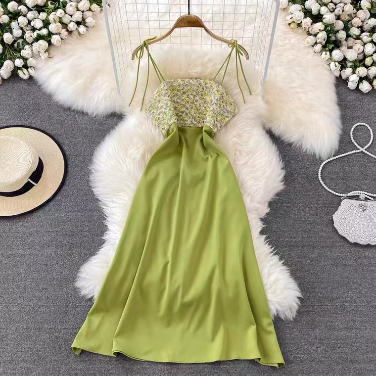 Vintage, 3d Flowers, High Waist, Mid Length Dress , Fashion Spaghetti Strap Dress