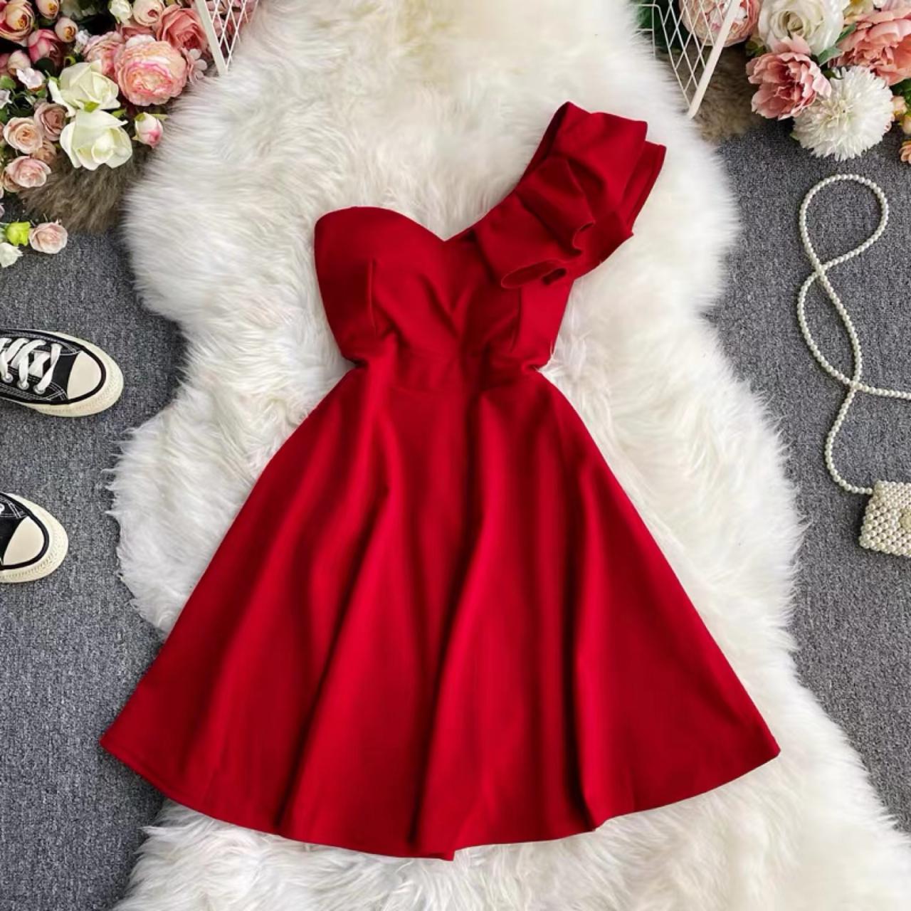 Temperament Pompous Dress, One Shoulder Flounces Dress, Red Little Dress