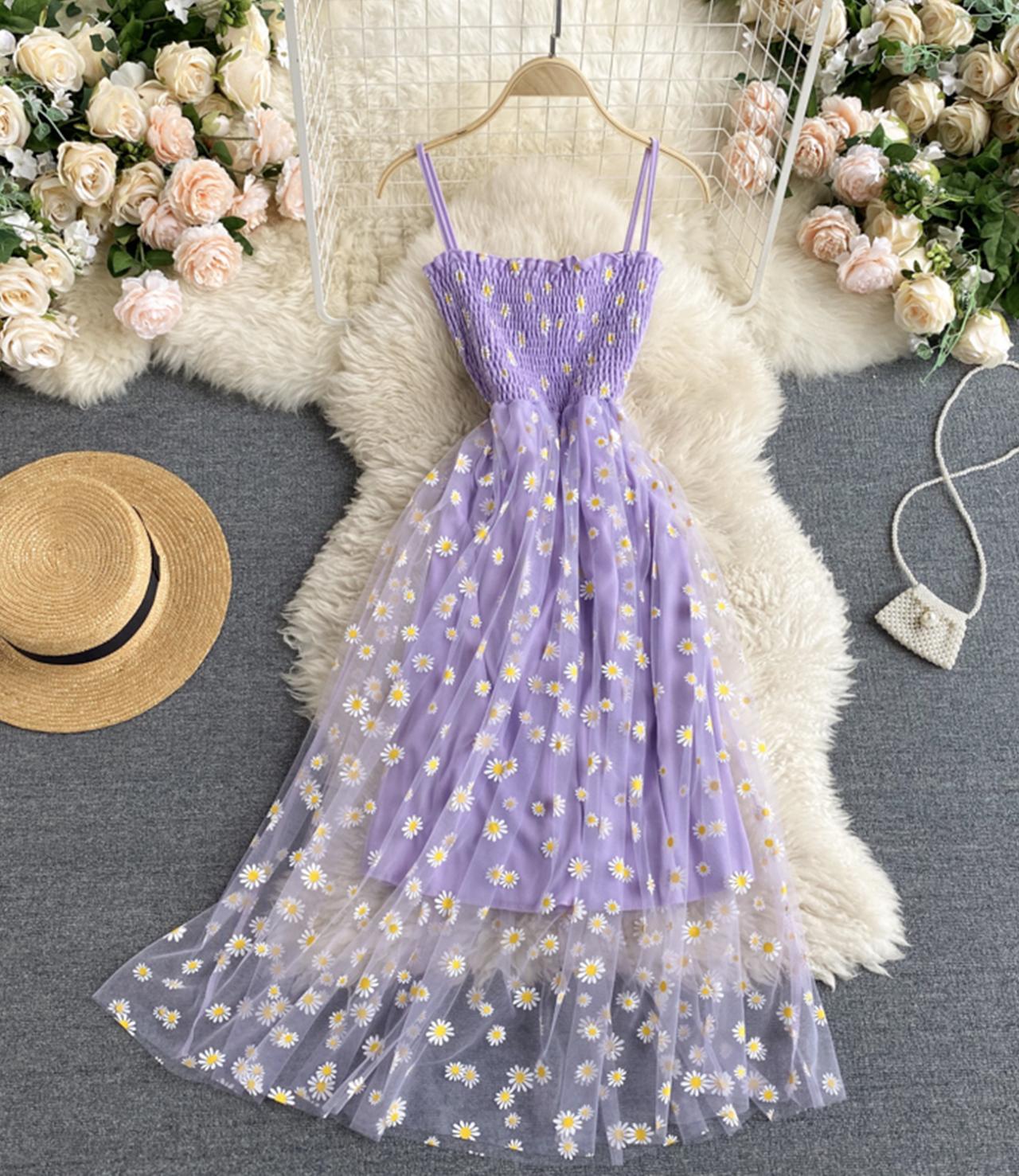Cute ,A line tulle floral dress,spaghetti strap dress