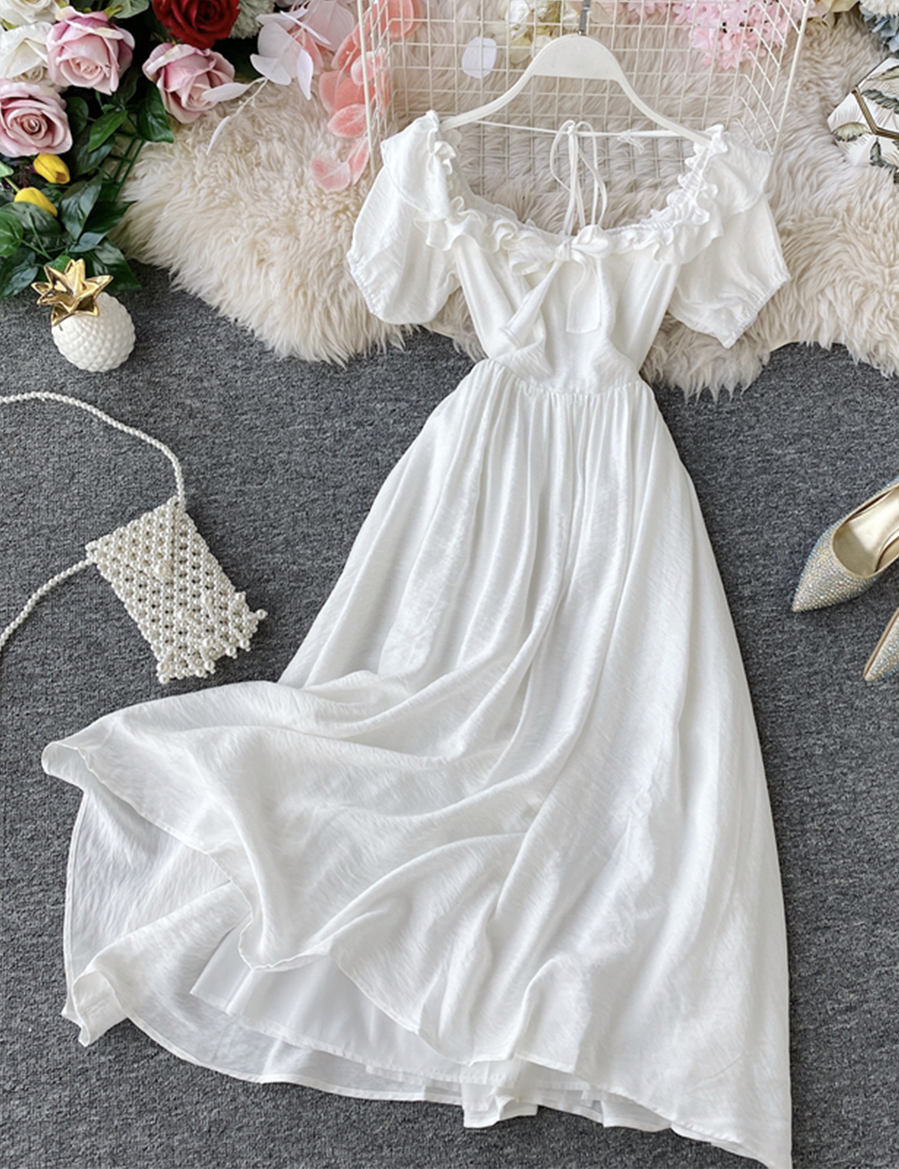  Trendy white cross dress for women, used clothes, Korean  fashion, casual, simple, solid, elegant, adorable, trendy, summer(WHITE,L)  : Clothing, Shoes & Jewelry
