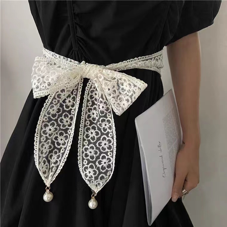 Temperament Lace Knot Belt, Pearl Pendant Long Ribbon Scarf, Dress Coat Decorative Waist Chain