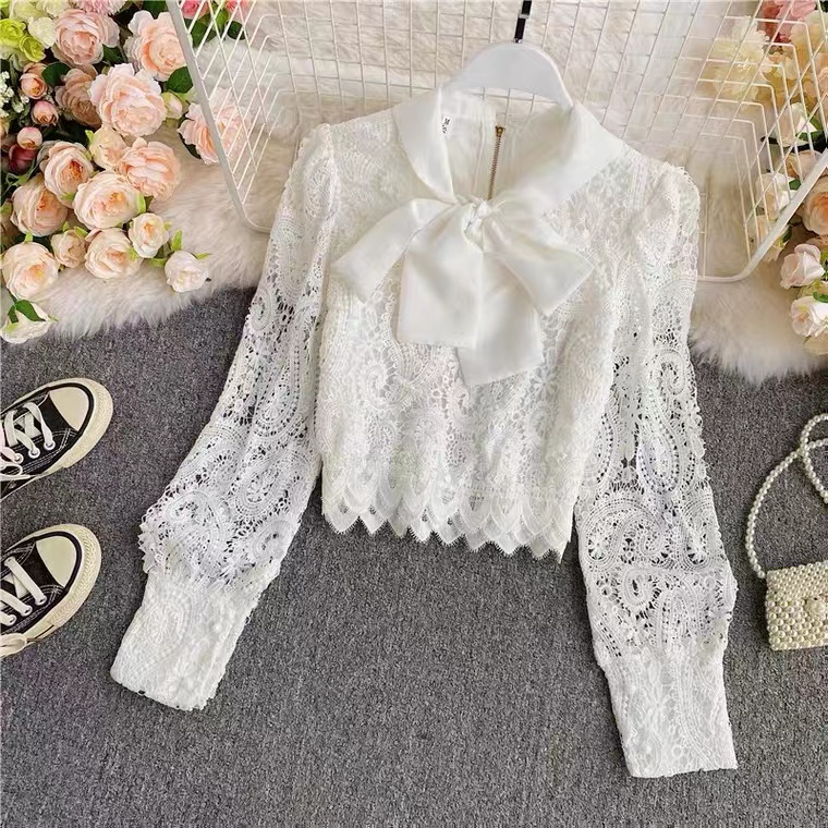Vintage, Lace Shirt, Sexy, See-through, Bow-tie Short Fashion Top