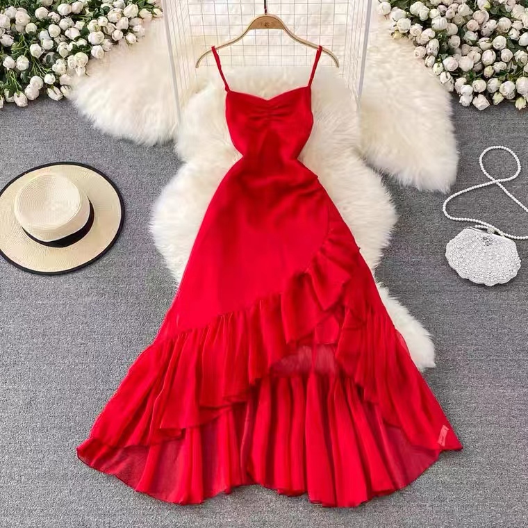 Fairy Spaghetti Strap Dress ,red Dress, V-neck Dress, Beach Holiday Dress