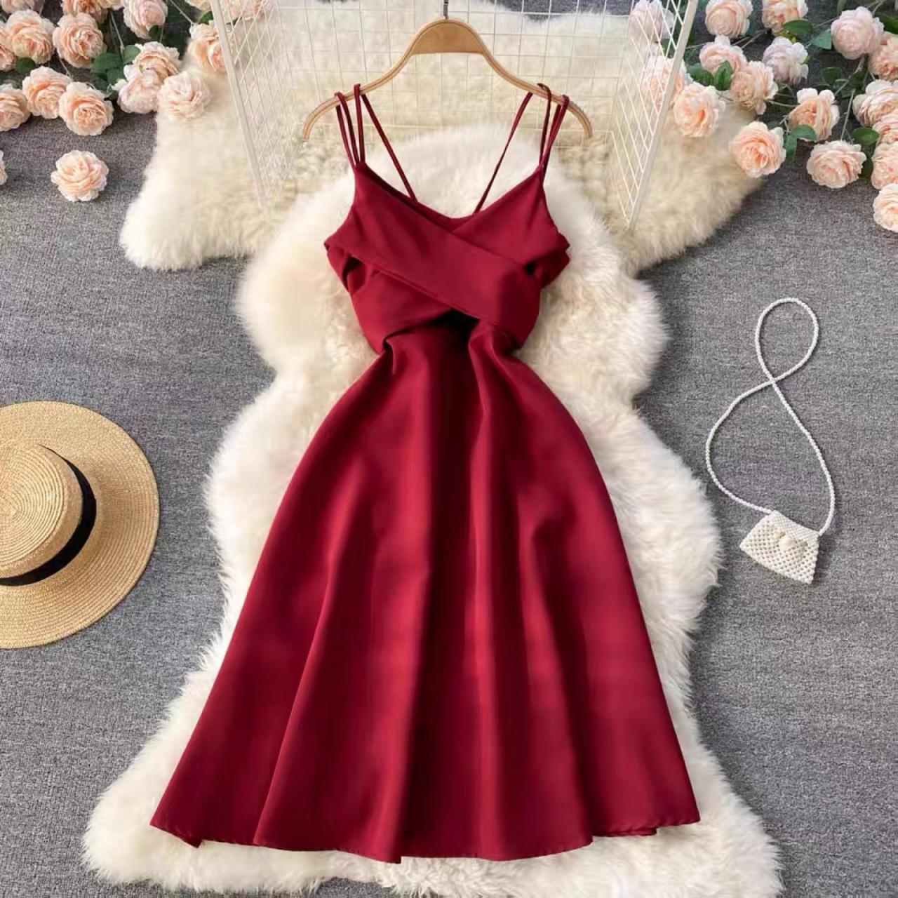 Temperament, Slim, Backless, Big Swing, V-Neck Solid Color Halter Dress, Socialite Party Dress