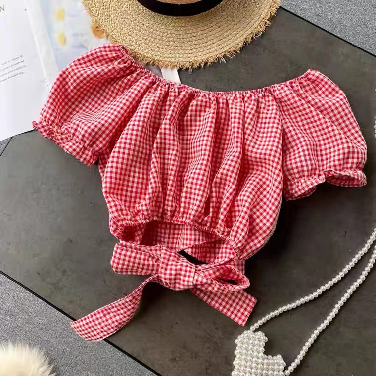Sweet Plaid Top, Off Shoulder, Bubble Sleeve, Waist Revealing Sexy Crop Top