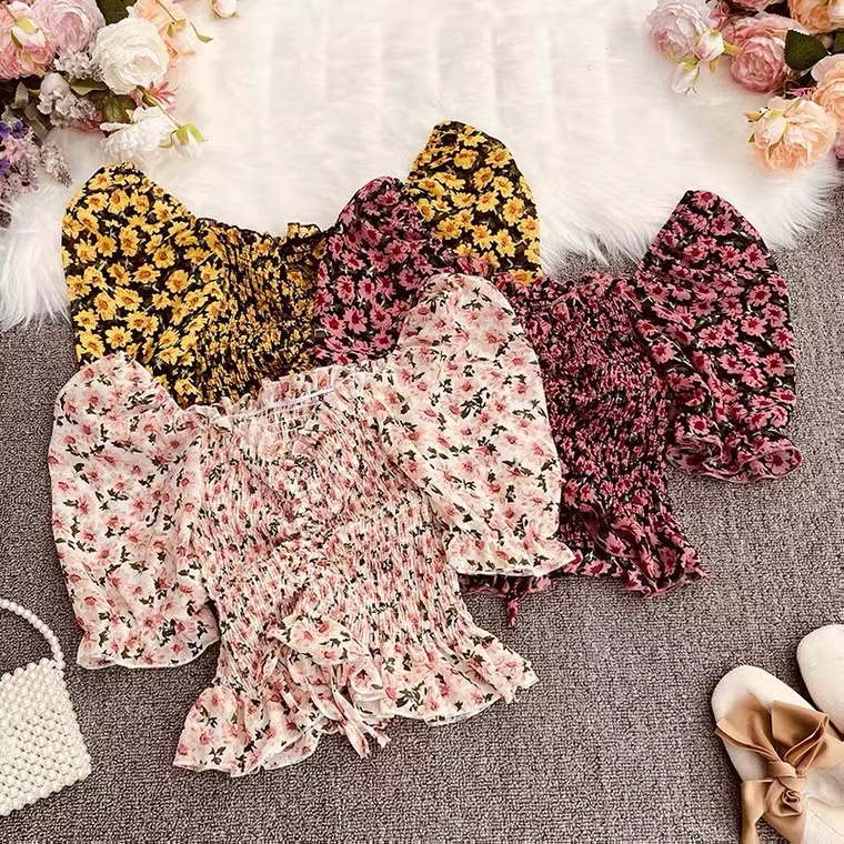 Floral Chiffon Top, Summer, Bubble Sleeve, Square Collar Short Sleeve Blouse