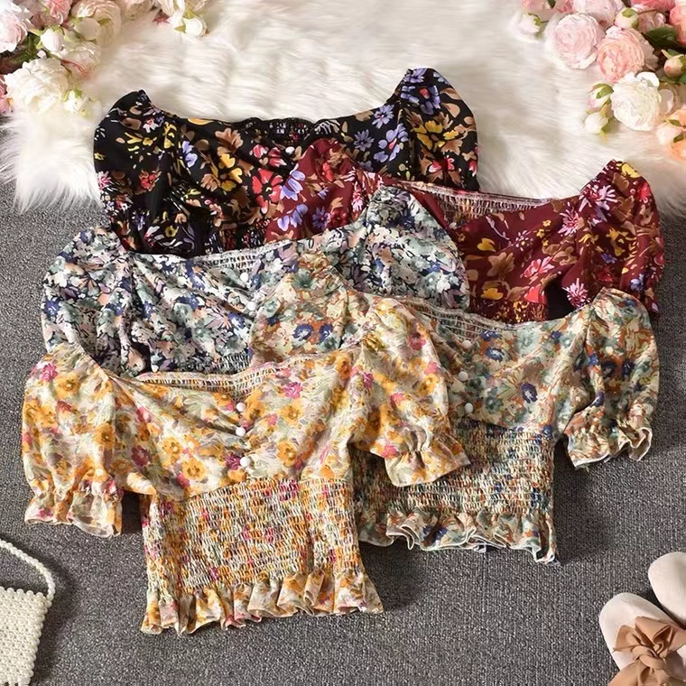Floral Chiffon Blouse, Summer, Bubble Sleeve, Square Collar Short Sleeve Top