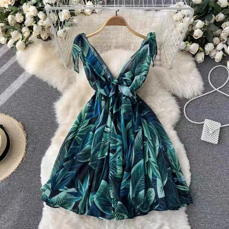 Beach Holiday Dress ,lace Strap Dress, Printed Chiffon Beach Dress