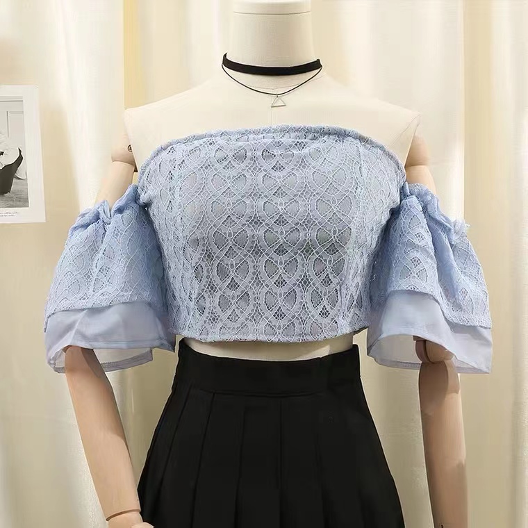 Off Shoulder Crop Top. Short Slim Top, Lace Mesh Stitching, Small Shirt With Beautiful Back, Necklace