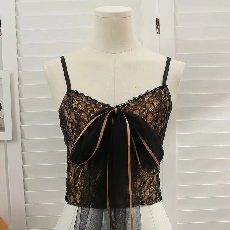 Lace Bow Tank Top,, Pleated, Slim Lace Halter Top, One Necklace