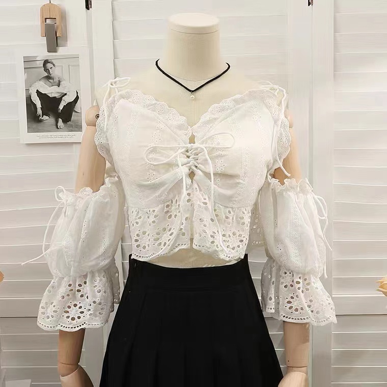 Summer, Hollow Out, Ear Edge, Short Crop Shirt, Bow Tie, Lace Horn Sleeve Top, One Necklace