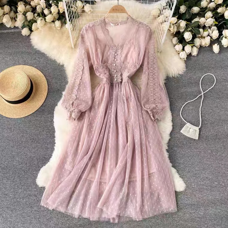 Elegant, classy, lace, V-neck dress, waist see-through fairy tulle dress