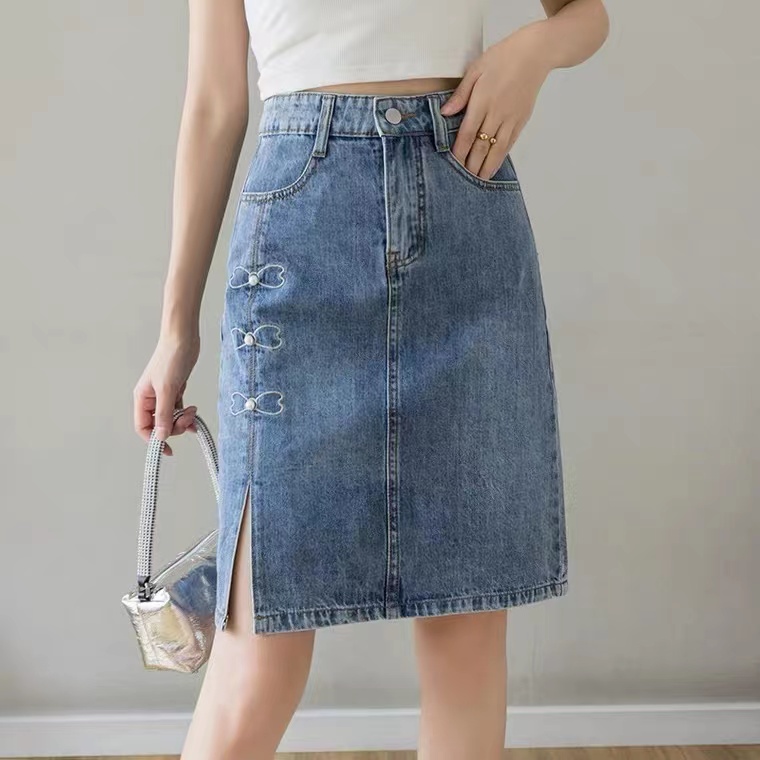 Cute Denim Skirt Slit Mid Length Skirt, High Waist Nail Bead A Line Wrap Buttock Skirt, Thin