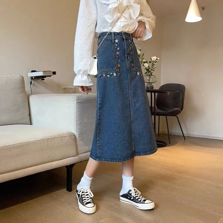 Spring And Summer, Style, Embroidered Skirt, Casual Denim Skirt