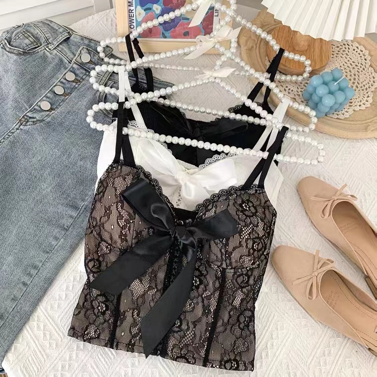 Spring/summer, Sexy, Versatile, Lace Bow Top, Lace Halter Tank Top, Slim Short Top