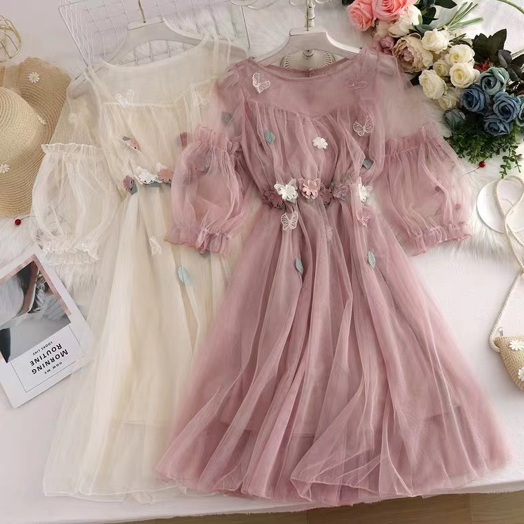 Sweet super fairy applique dress, fashion, temperament, waist, two piece set
