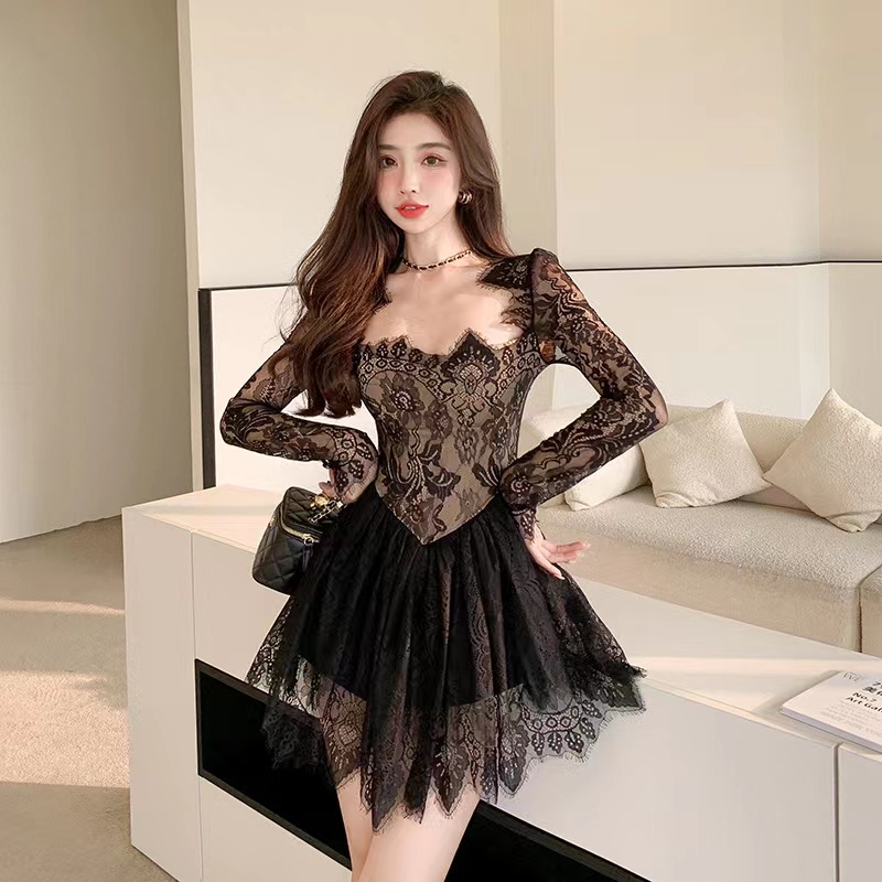 Cute Lace Dress, Long Sleeves, Square Collar,waist - Tight A-line Dress