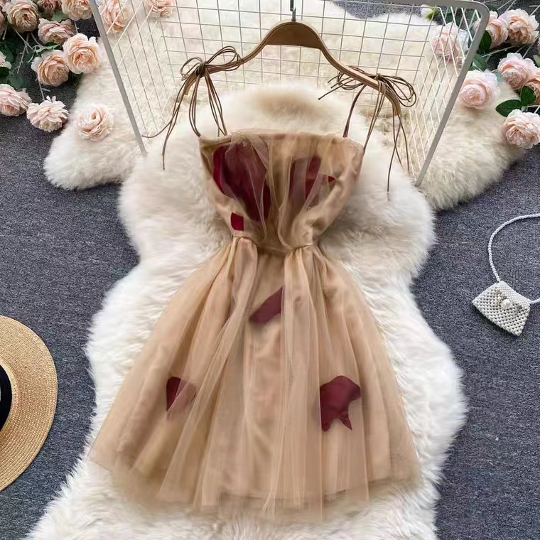 Cute Spaghetti Strap Dress, Fairy Sweet Temperament Short Dress, Applique Princess Dress