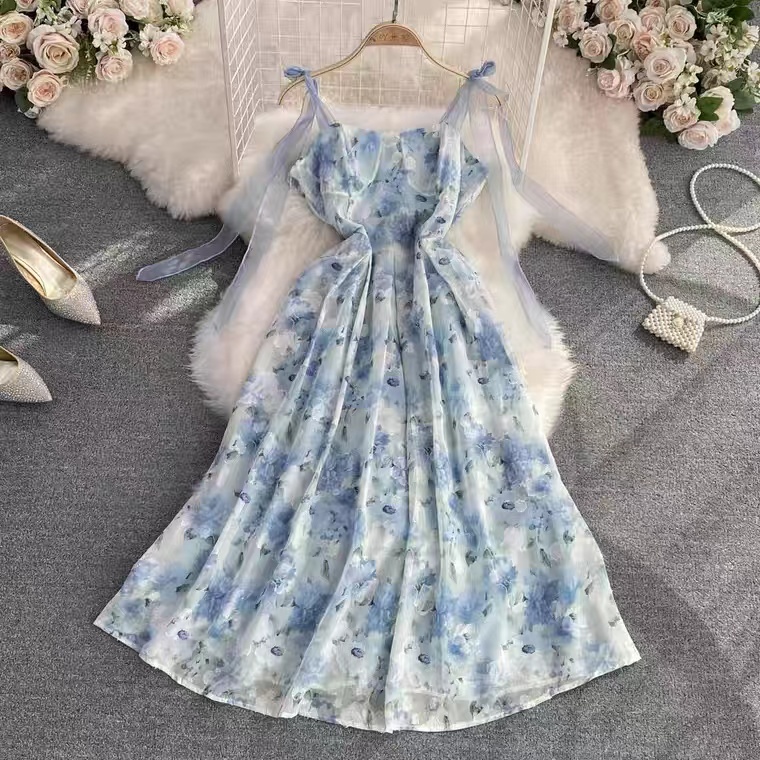 Floral Chiffon Halter Dress, Super Fairy Waist A-line Dress, Beach Holiday Long Dress