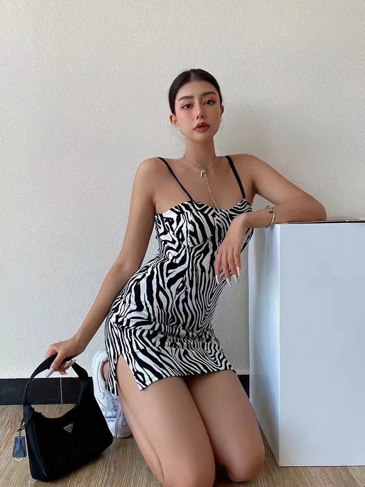 Sexy, Zebra-print Slip Dress, Slim Bodycon Dress, Slit Hip Dress