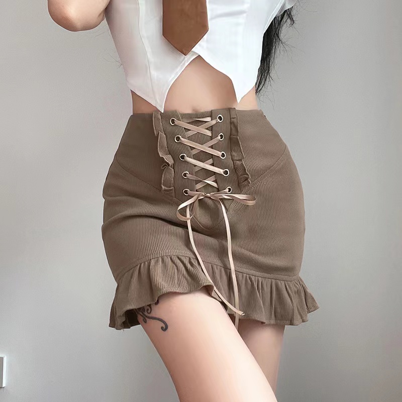 Tight Stitching, Strappy, Brown Flounces Hip Wrap Skirt